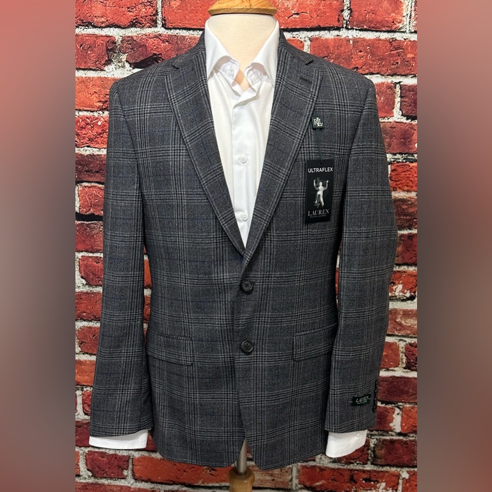 LAUREN RALPH LAUREN MENS BLAZER SIZE 38 GREY BLUE PLAID LEXINGTON FLEX JACKET - Picture 7 of 13